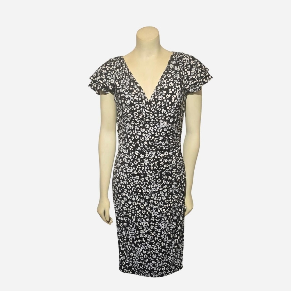 Lauren Ralph Lauren Sheath Dress Womens 6 Black White Excellent Ruched V-Neck